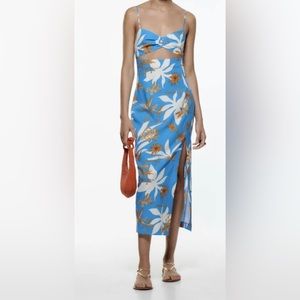 ZARA NWT SS22 WOMAN CUT OUT BLUE AND WHITE PRINTED MIDI DRESS REF 3443/823 - S